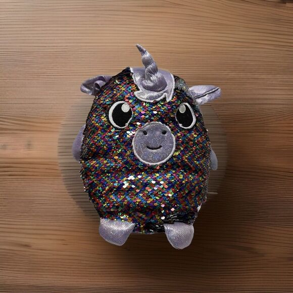 Maggie Unicorn Rainbow Shimmeez Reversible Sequin Plush Pet Purple Silver 8" - Picture 1 of 11
